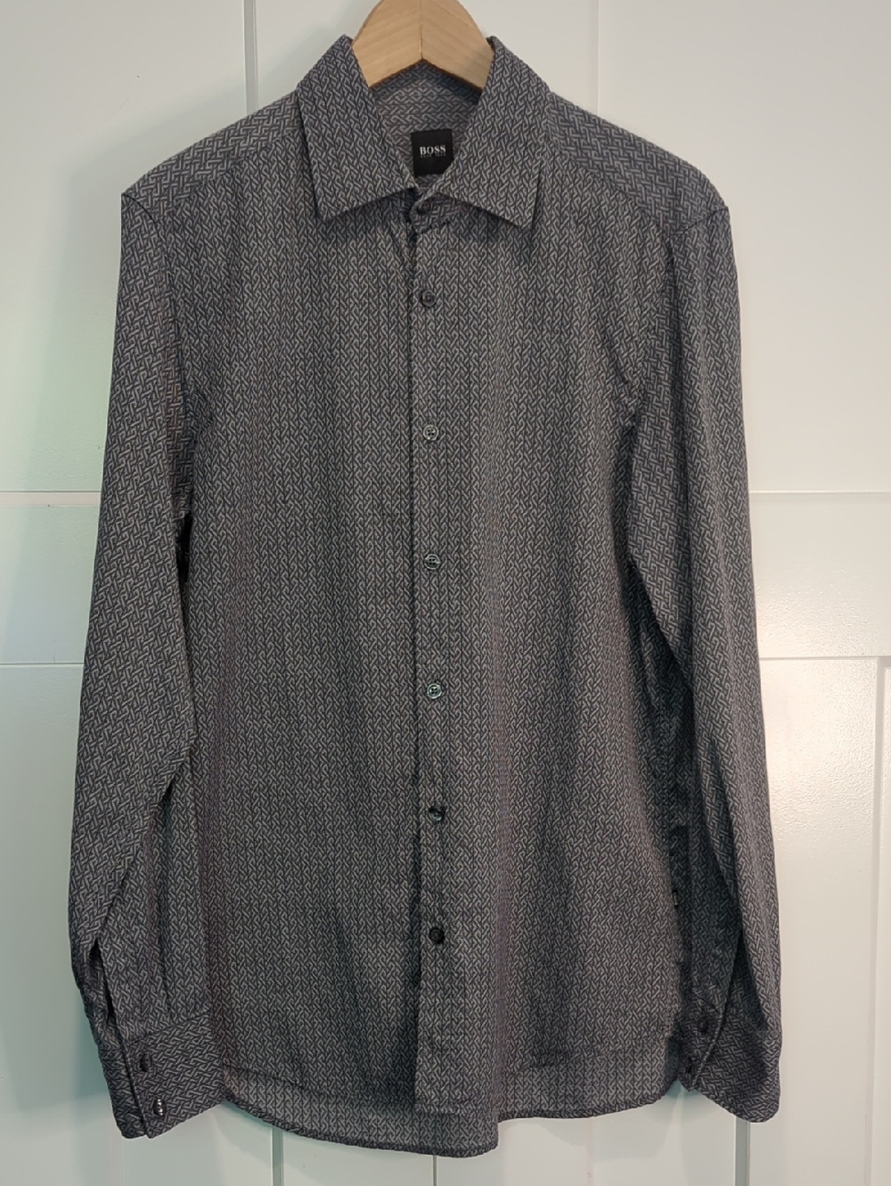 BOSS Men's Black and Gray Geometric Dress Shirt